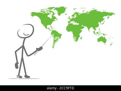 Person pointing at the green map of the world with a stick isolated on a white background Stock Photo