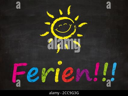 Illustration of a board with a sun and the German word for Holiday Stock Photo