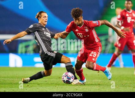 Lisbon, Lissabon, Portugal, 19th August 2020.  Kingsley COMAN, FCB 29  compete for the ball, tackling, duel, header, zweikampf, action, fight against Maxence CAQUERET, LYON 25  in the semifinal match UEFA Champions League, final tournament FC BAYERN MUENCHEN - OLYMPIQUE LYON 3-0 in season 2019/2020, FCB,  © Peter Schatz / Alamy Live News  / Pool   - UEFA REGULATIONS PROHIBIT ANY USE OF PHOTOGRAPHS as IMAGE SEQUENCES and/or QUASI-VIDEO -  National and international News-Agencies OUT Editorial Use ONLY Stock Photo