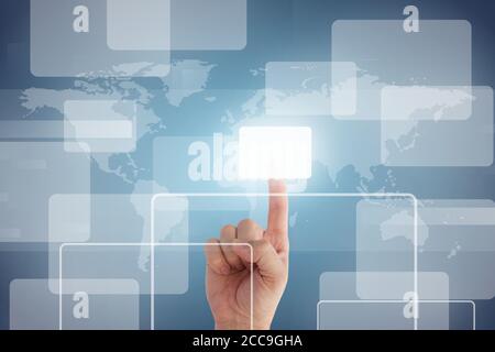 Illustration of a person's hand pressing a holographic button Stock Photo