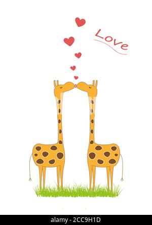 Illustration of kissing giraffes isolated on a white background Stock Photo