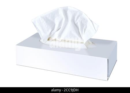 Blank tissue from White Cosmetic Tissues Box isolated on white. Clipping path Stock Photo