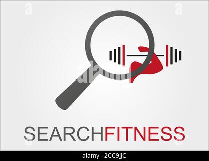 Illustration of a magnifier icon and SEARCH FITNESS text on white background Stock Photo