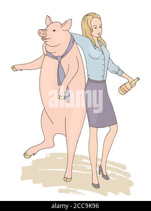 Drunk woman dancing with a pig and celebrating new year graphic color sketch illustration vector Stock Vector