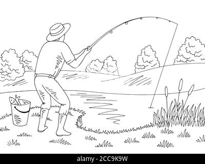 Man fishing graphic black white landscape sketch illustration vector Stock Vector