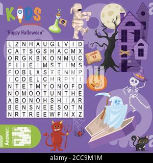 Easy word search crossword puzzle 'Happy Halloween', for children in elementary and middle school. Fun way to practice language comprehension and expa Stock Vector