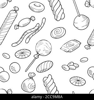 Candy graphic sweet food black white seamless pattern background sketch illustration vector Stock Vector