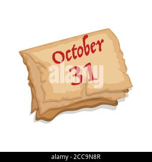Cartoon old paper spooky calendar October 31st, vector illustration for Halloween holiday Stock Vector