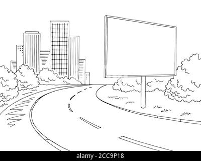 Road billboard graphic black white city landscape sketch illustration vector Stock Vector