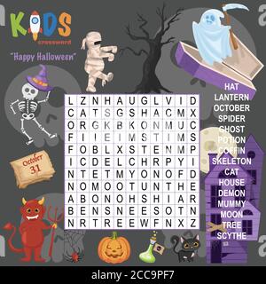 Easy word search crossword puzzle 'Happy Halloween', for children in elementary and middle school. Fun way to practice language comprehension and expa Stock Vector