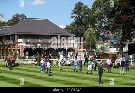 A general view of jockeys in the parade ring ahead of the Sky Bet Lowther Stakes during day two of the Yorkshire Ebor Festival at York Racecourse. Stock Photo