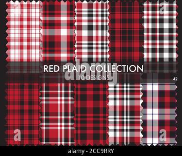 Red Plaid, tartan seamless pattern collection includes 10 designs suitable for fashion Stock Vector