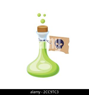 Cartoon potion glass bottle with cork and paper label. Vector illustration for Halloween holiday. Stock Vector