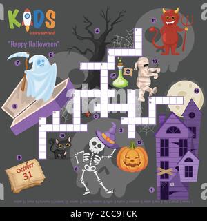 Easy crossword puzzle 'Happy Halloween', for children in elementary and middle school. Fun way to practice language comprehension and expand vocabular Stock Vector