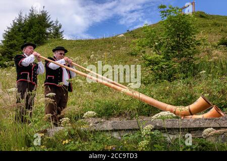 Two men playing alpenhorn at Schynige Platte, Canton of Bern, Switzerland Stock Photo