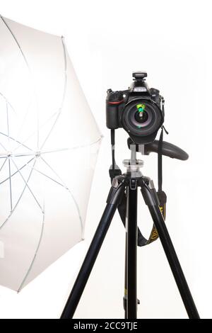 Vertical close up of photography equipment, a DSLR camera and light set up to shoot through in a studio. Stock Photo