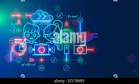 Online education web platform for distance teaching children on laptop. Boy and girl learning in school through internet. E-learning services Stock Vector