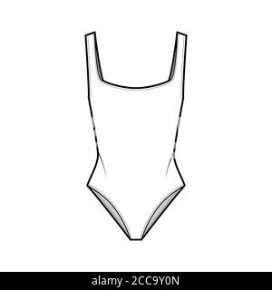 Stretch-jersey bodysuit technical fashion illustration with plunging ...