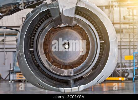 Engine of the airplane under heavy maintenance Stock Photo