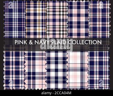 Pink Navy Plaid, tartan seamless pattern collection includes 10 designs suitable for fashion Stock Vector