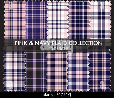 Pink Navy Plaid, tartan seamless pattern collection includes 10 designs suitable for fashion Stock Vector