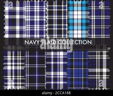 Navy Plaid Tartan Seamless Pattern Collection - Navy Plaid, checkered, tartan seamless pattern collection includes 10 designs suitable for fashion tex Stock Vector