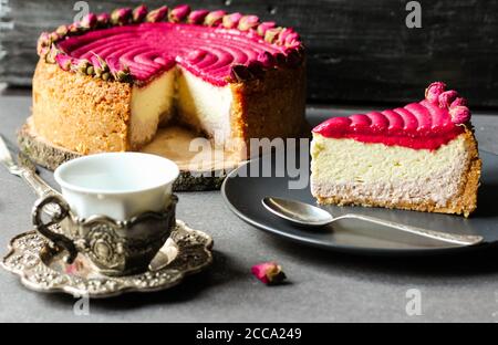 Piece of raspberry cheesecake. Natural home baking. Stock Photo