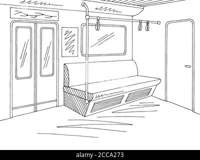 Train interior graphic metro subway black white sketch illustration vector Stock Vector