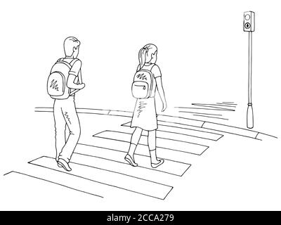 A vector illustration of children crossing street walking through ...