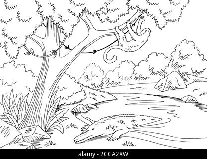 Jungle river graphic black white landscape sketch illustration vector Stock Vector