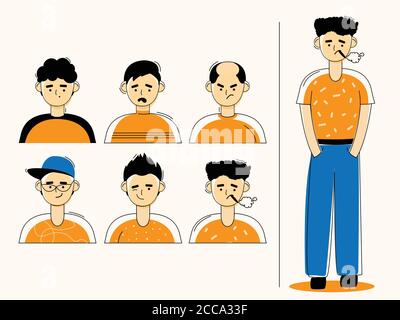 Men Character with Different Face Style and Pattern illustration Stock Vector