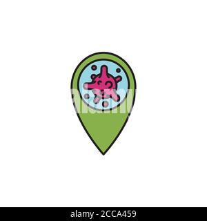 Virus, bacteria and map pointer line, linear icon, symbol, sign. coronavirus, COVID-19 icon, logo color on white background. Stock Vector
