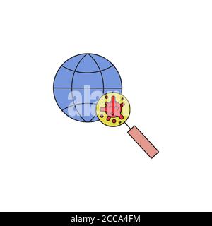 Virus, bacteria through a magnifying glass on globe color line, linear icon, symbol, sign. coronavirus, COVID-19 icon, logo color on white background. Stock Vector