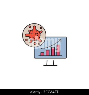 Virus, bacteria and schedule, chart, graph is growing grow on monitor (board) color line, linear icon, symbol, sign. coronavirus, COVID-19 icon, logo Stock Vector