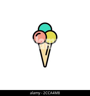 Ice cream in waffle cone in shape three balls color icon thin line, linear, outline. Simple sign, logo Stock Vector