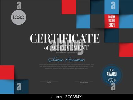 Modern certificate of achievement template with place for your content - material red and blue design squares - dark version Stock Vector