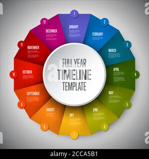Full year timeline template with all months on circle folded rainbow papers Stock Vector