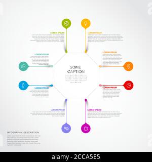 Vector multipurpose Infographic template with eight colorful droplet pins with icons and description texts Stock Vector