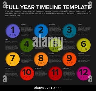 Full year timeline template with all months in circle mosaic - dark color version Stock Vector