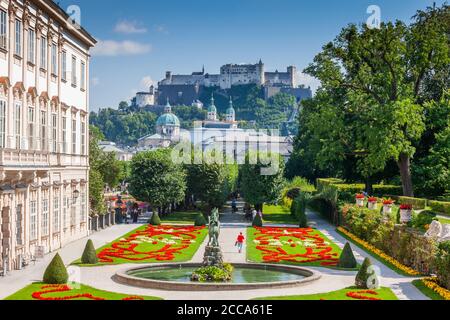 A view of the Mirabell Gardens and Hohensalzburg fortress in summer Stock Photo