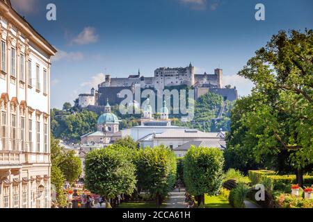 A view on the Fortress Hohensalzburg (Festung Hohensalzburg) and Salzburg Cathedral in summer, Salzburg, Austria Stock Photo