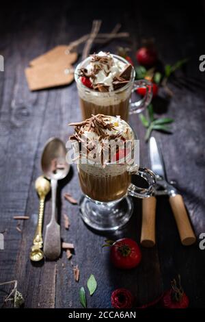 Irish coffee.Fresh food.Country style.Sweet dessert .Wooden table. Stock Photo