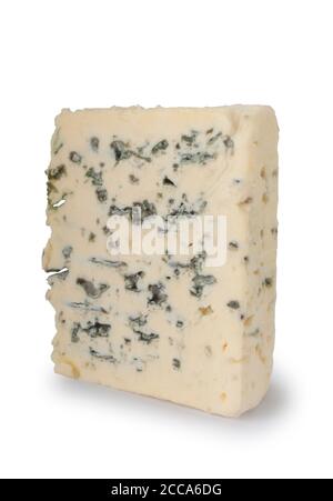 Studio shot of a slice of blue cheese cut out against a white background - John Gollop Stock Photo