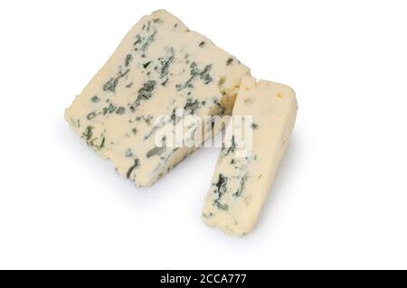 Studio shot of a slice of blue cheese cut out against a white background - John Gollop Stock Photo