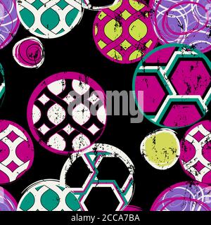 seamless abstract circle pattern, with paint strokes, splashes and geometric lines, on black Stock Vector