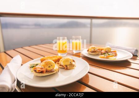 Cruise ship vacation food breakfast on suite balcony table in room service. Caribbean travel getaway, winter escape or honeymoon cruise in Europe or Stock Photo