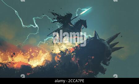 a knight with his horse standing on the dark skull cliff, digital art style, illustration painting Stock Photo