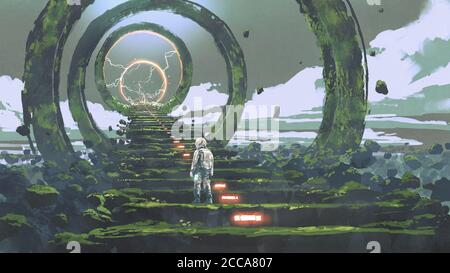 spaceman standing on the futuristic stairs and looking at the light at the end, digital art style, illustration painting Stock Photo