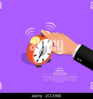 The hand of the businessman clicks an alarm clock call. Operating time. Business concept. An isometric vector illustration in flat style.3D. Elements Stock Vector