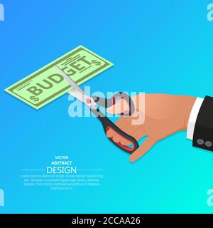 The hand of the businessman scissors dollar notes.Concept of reduction of the budget. Economy of money.3D. Isometry. Elements for design. Vector illus Stock Vector